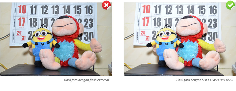 Foto flash diffuser dengan tanpa diffuser